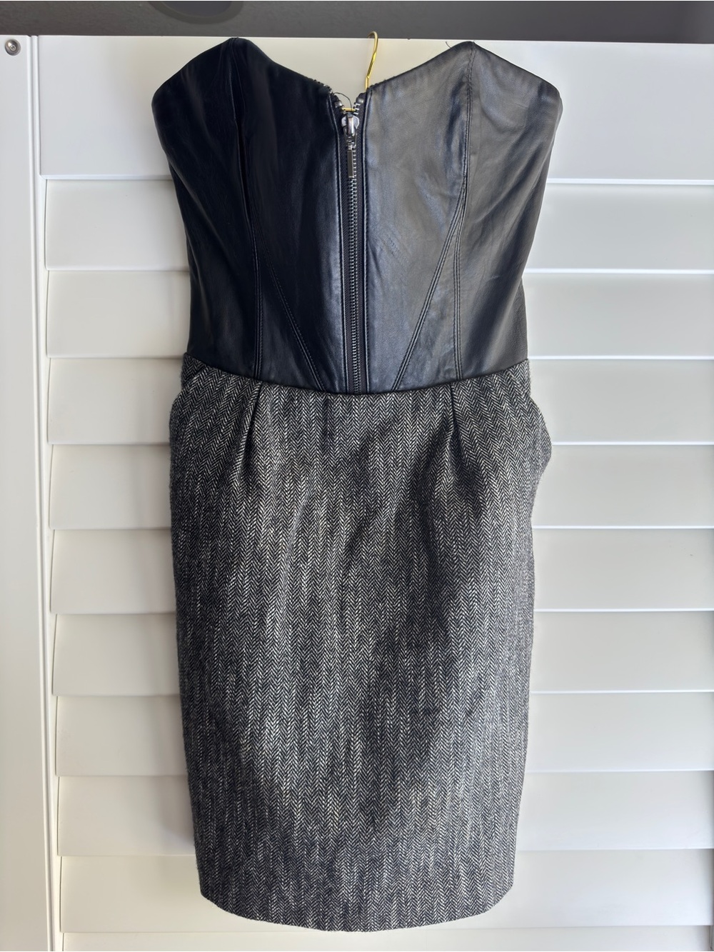 bebe Strapless Black Leather & Gray Herringbone Sheath